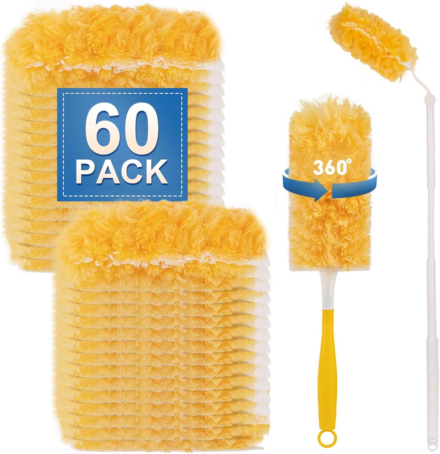 Heavy Duty Duster Refills Compatible with Swiffer Duster, Disposable Dusters Kit for Cleaning Dusting Furniture Blind Ceiling Fan, Multi Surface 360 Feather Duster(60)+3FT Extended Handle +1 Handle