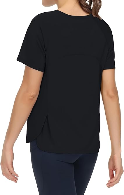 THE GYM PEOPLE Women's Short Sleeve Workout Shirts Breathable Yoga T-Shirts with Side Slits Athletic Tee Tops black