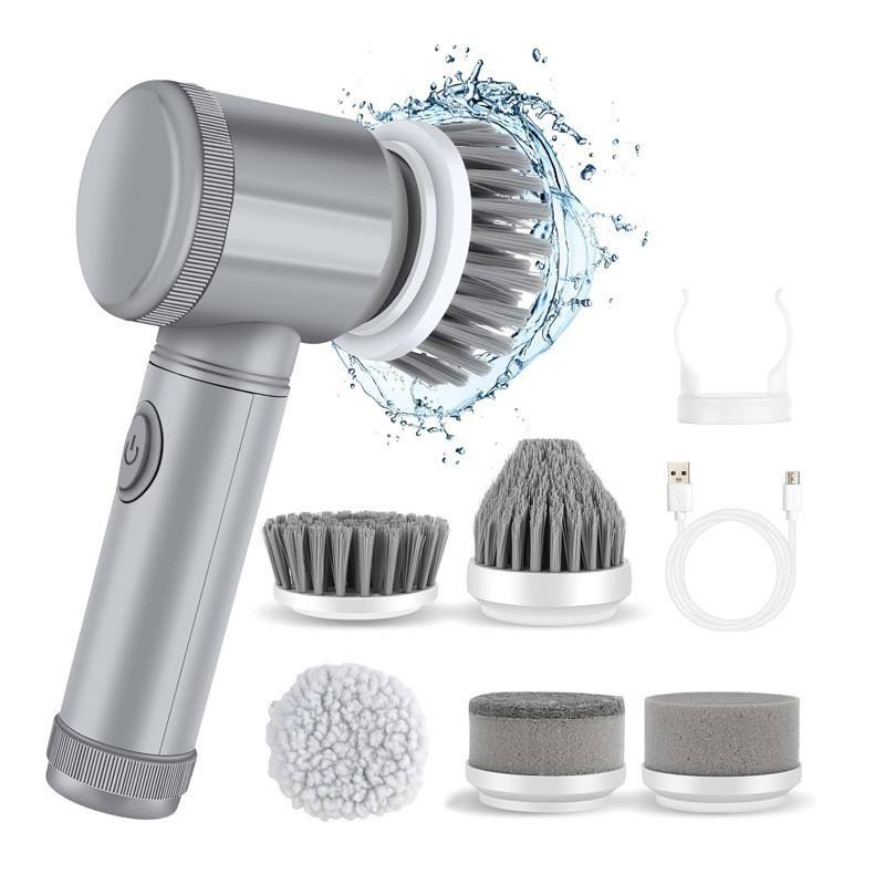 5 in 1 Gray Handheld Kitchen Wireless Electric Dish Bathroom Spin Scrubber Cleaning Brush Household Clean Tool Set